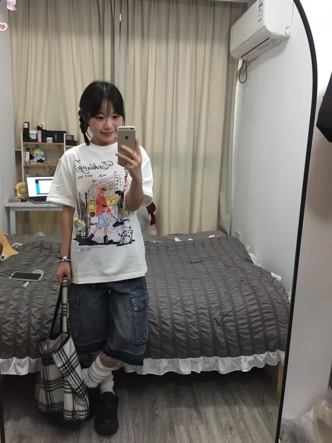 새로운 생방송 품질 이후 패키지 칼라 라운드 넥 반팔 티셔츠 낙서 프린트 상세 이미지 3