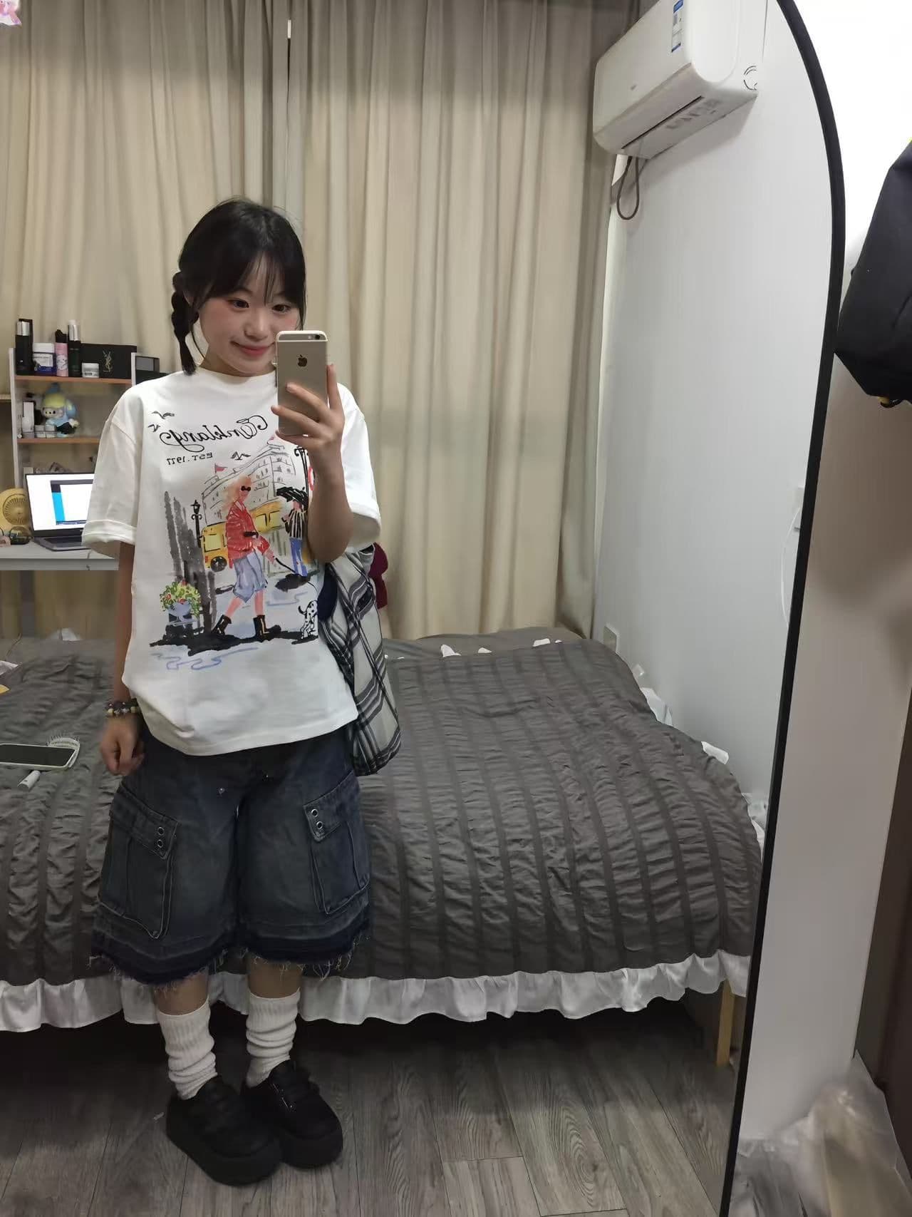 새로운 생방송 품질 이후 패키지 칼라 라운드 넥 반팔 티셔츠 낙서 프린트 상세 이미지 6