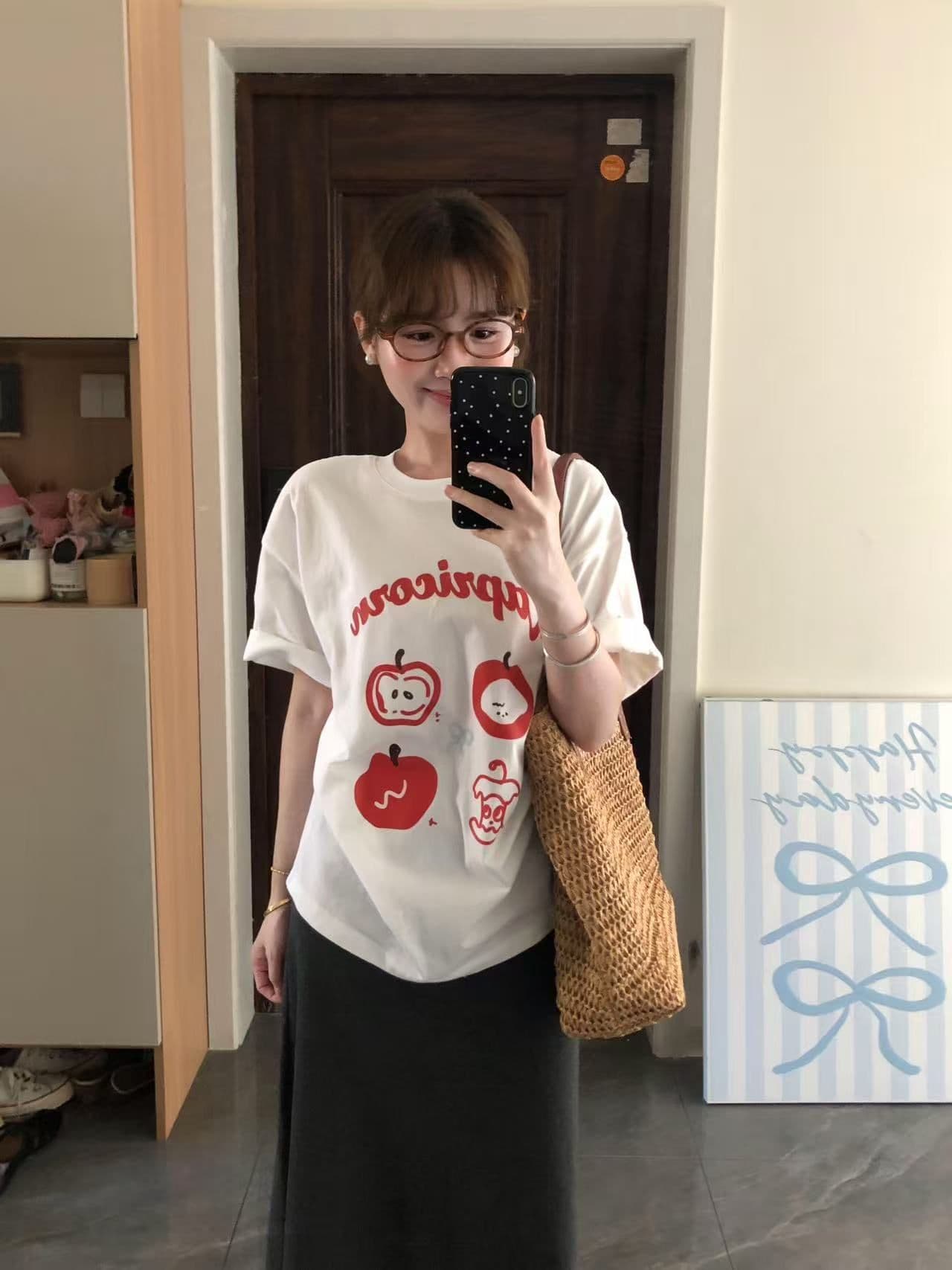 새로운 출처 생방송 품질 이후 패키지 칼라 티셔츠 애플 알파벳 프린트