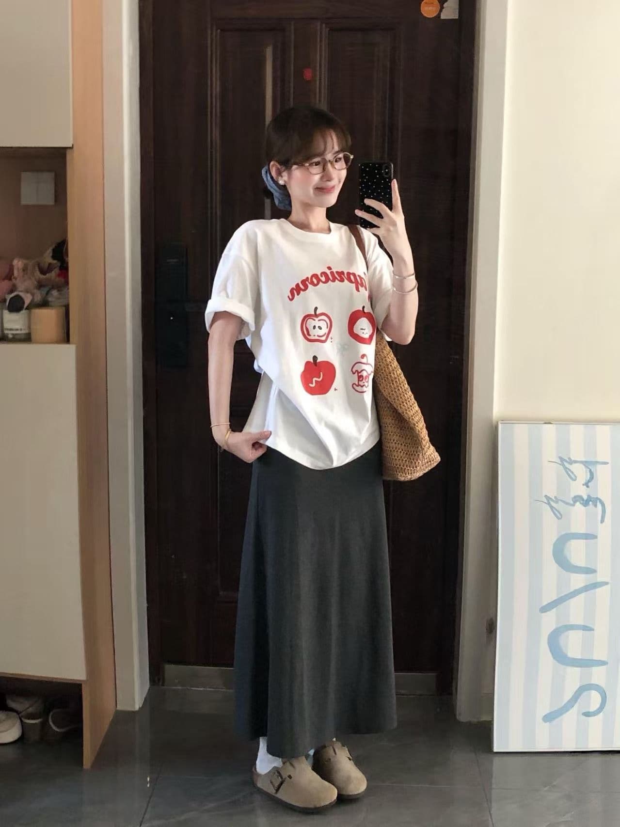 새로운 출처 생방송 품질 이후 패키지 칼라 티셔츠 애플 알파벳 프린트 상세 이미지 3