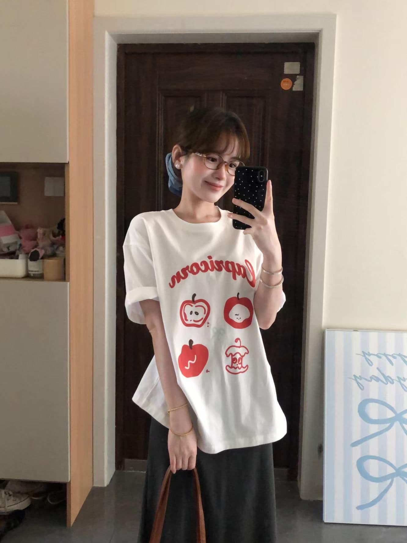 새로운 출처 생방송 품질 이후 패키지 칼라 티셔츠 애플 알파벳 프린트 상세 이미지 5