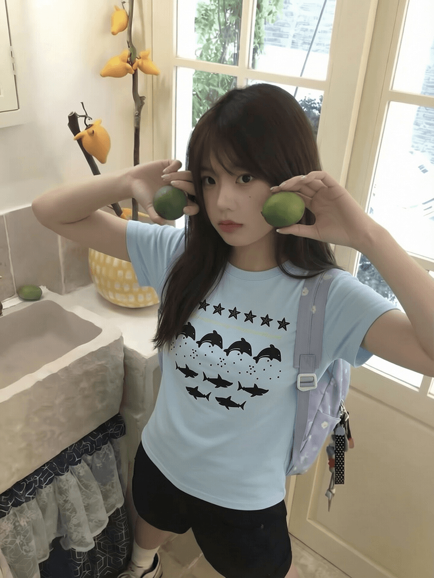 새로운 출처 생방송 품질 이후 패키지 칼라 신축성 몸매 가꾸기 돌고래 프린트 상세 이미지 4