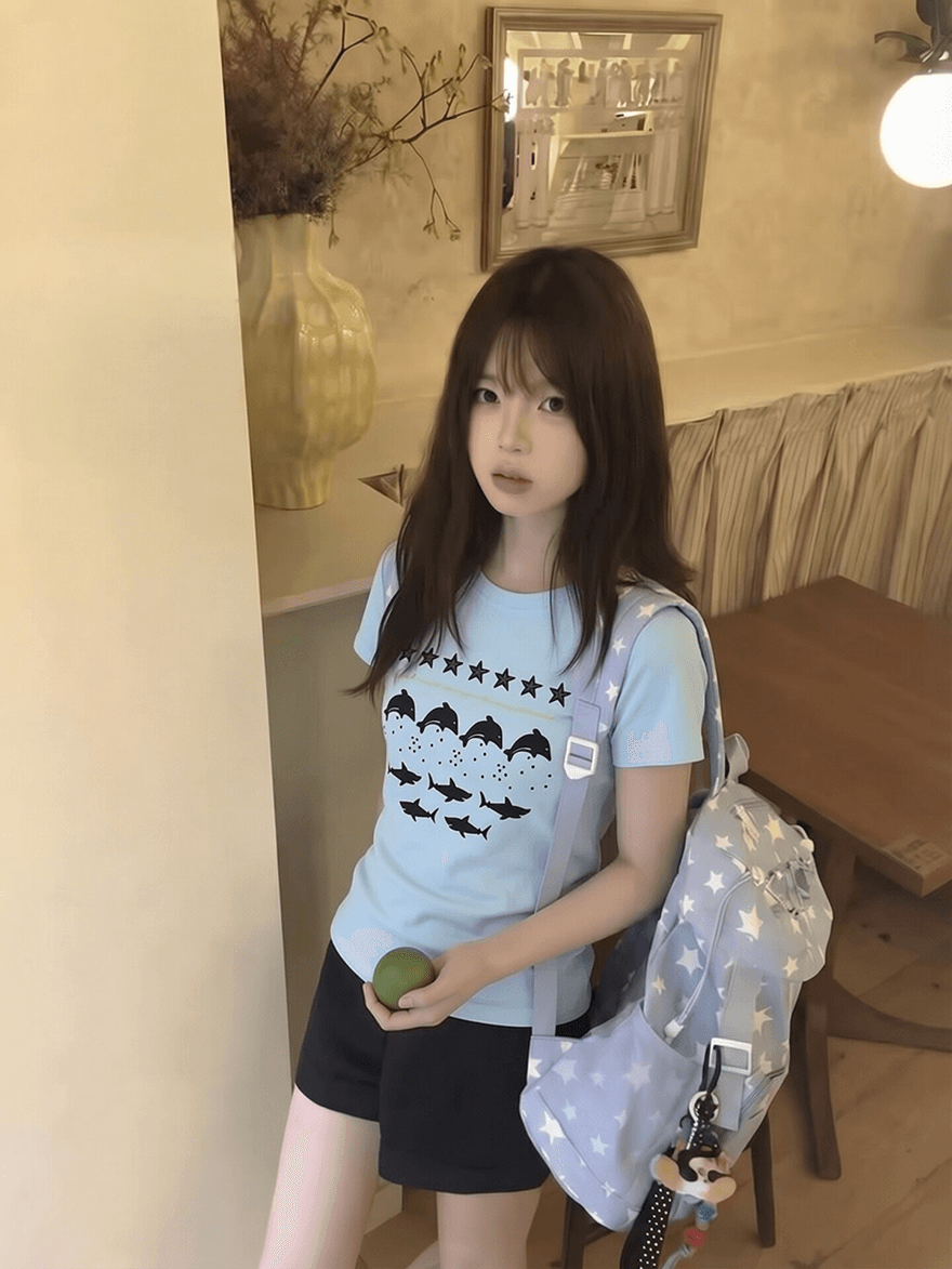 새로운 출처 생방송 품질 이후 패키지 칼라 신축성 몸매 가꾸기 돌고래 프린트 상세 이미지 6