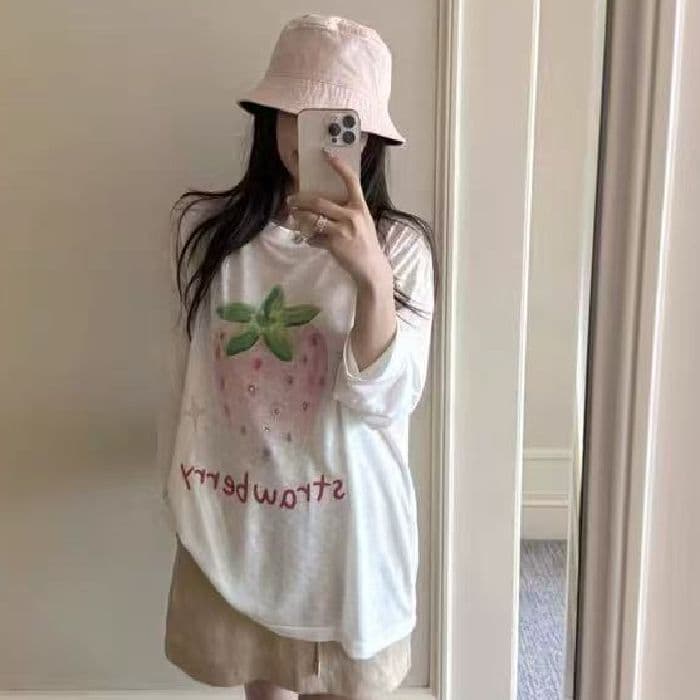 새로운 출처 생방송 품질 긴팔 태양 보호 셔츠 기본 셔츠 딸기 프린트 이미지 3