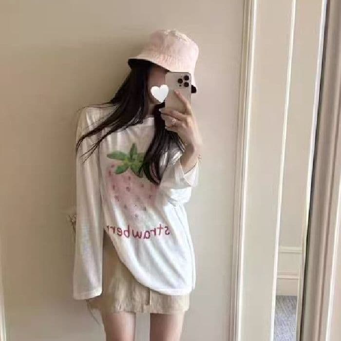 새로운 출처 생방송 품질 긴팔 태양 보호 셔츠 기본 셔츠 딸기 프린트 이미지 2