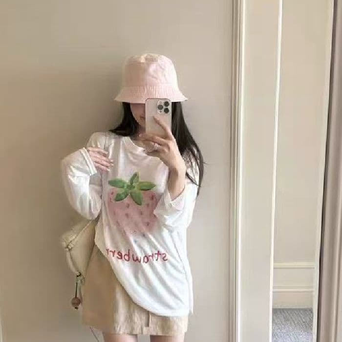 새로운 출처 생방송 품질 긴팔 태양 보호 셔츠 기본 셔츠 딸기 프린트 이미지 4