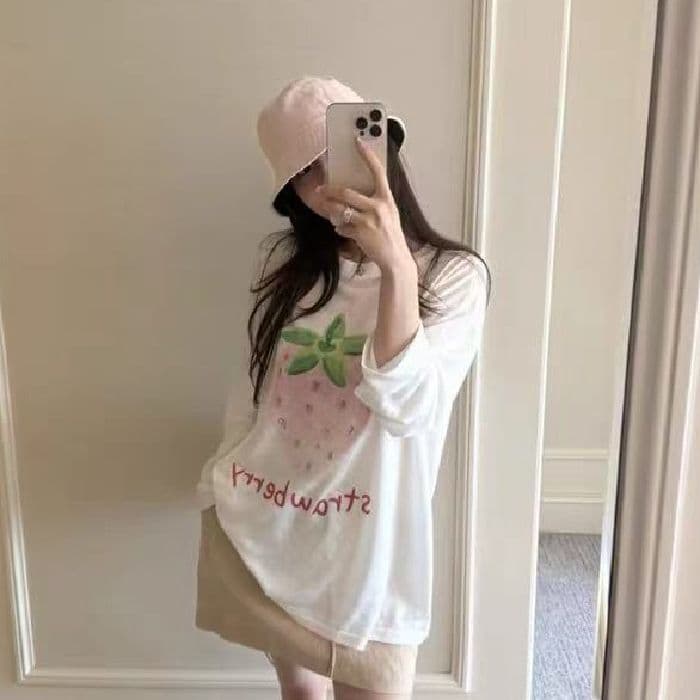 새로운 출처 생방송 품질 긴팔 태양 보호 셔츠 기본 셔츠 딸기 프린트