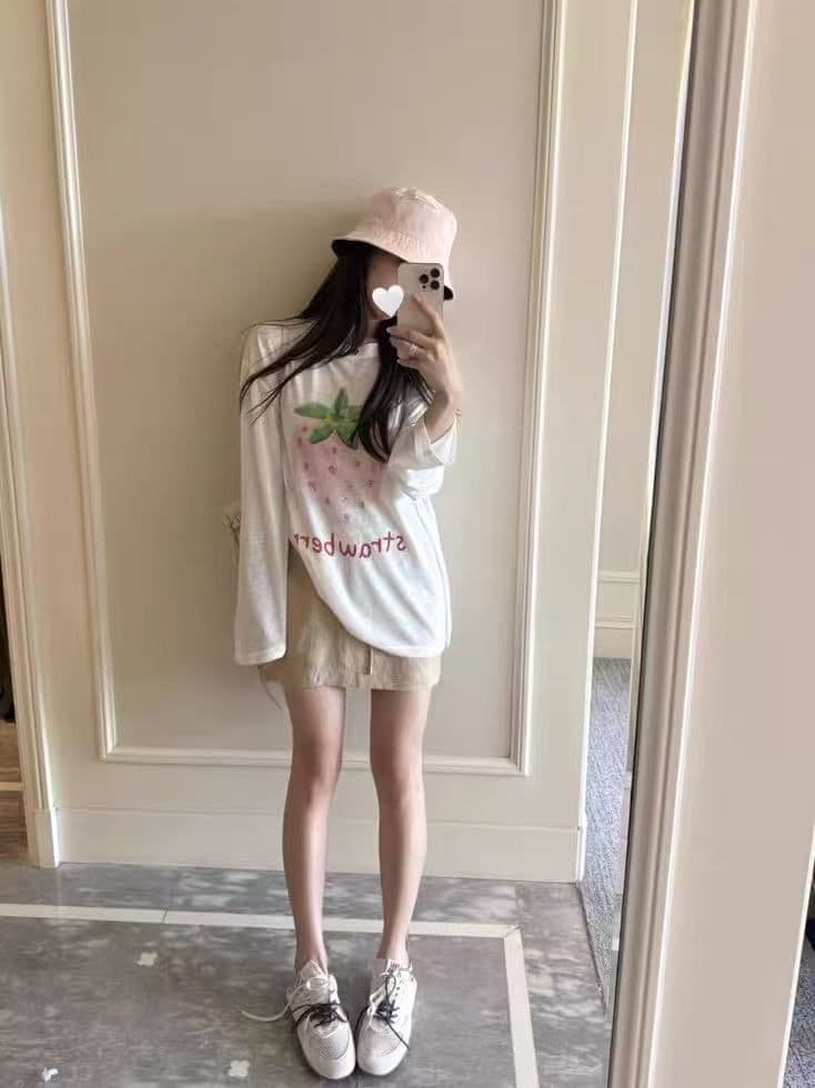 새로운 출처 생방송 품질 긴팔 태양 보호 셔츠 기본 셔츠 딸기 프린트 상세 이미지 2