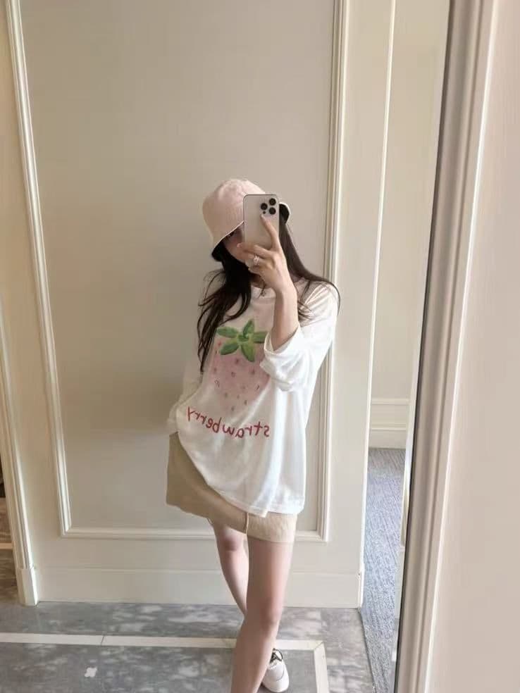 새로운 출처 생방송 품질 긴팔 태양 보호 셔츠 기본 셔츠 딸기 프린트 상세 이미지 5