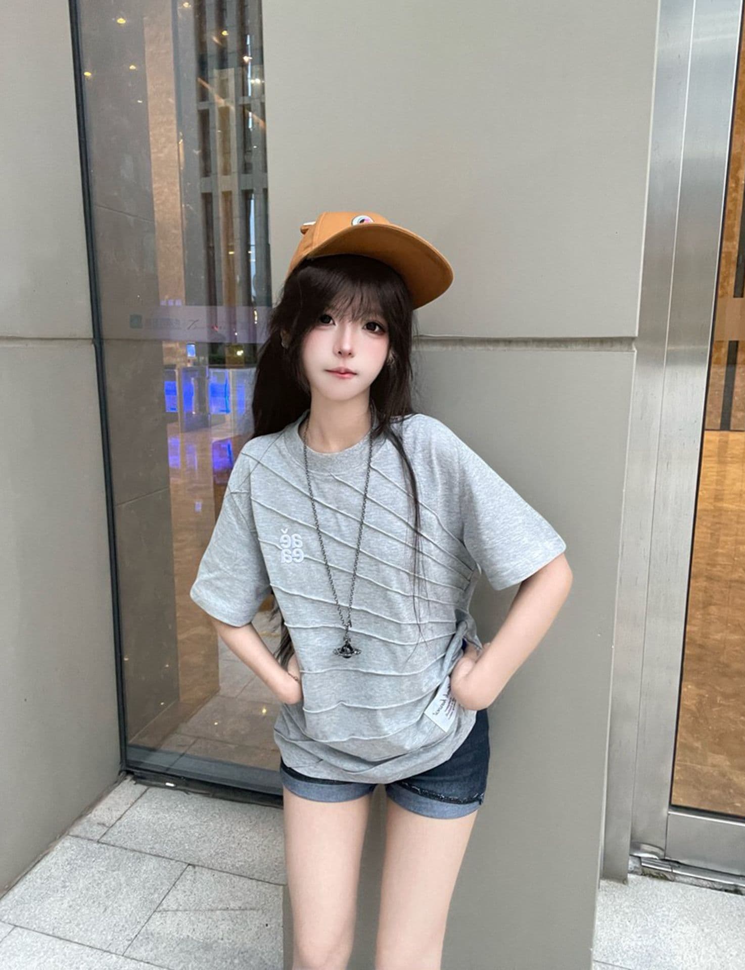 새로운 접은 자국 자수 네리 가게 천 반팔 티셔츠 여성