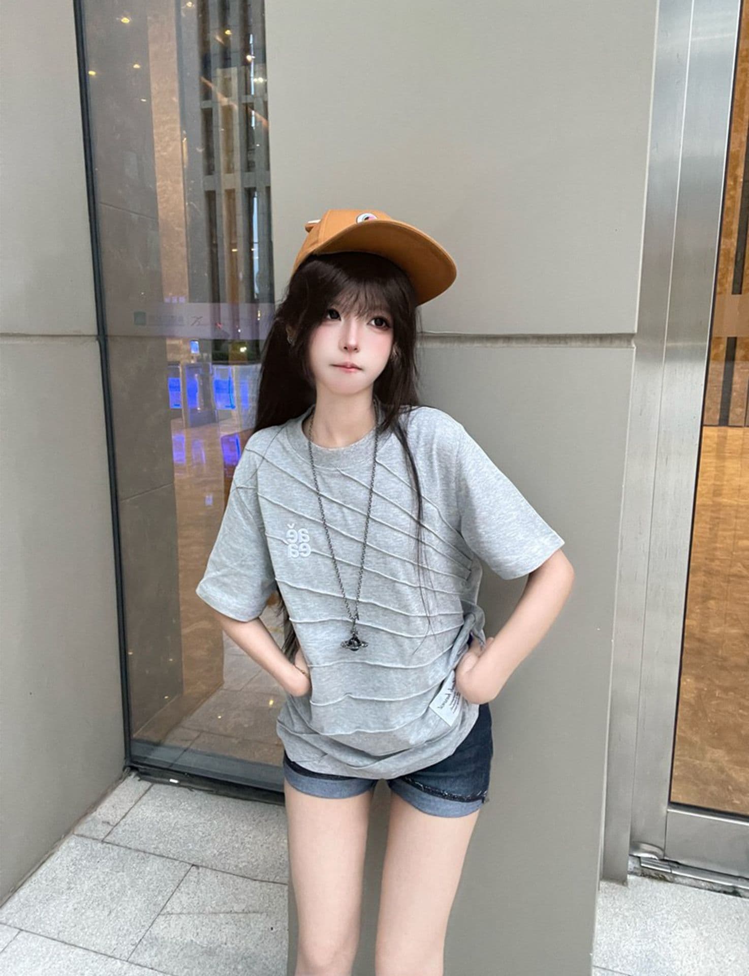 새로운 접은 자국 자수 네리 가게 천 반팔 티셔츠 여성 상세 이미지 4