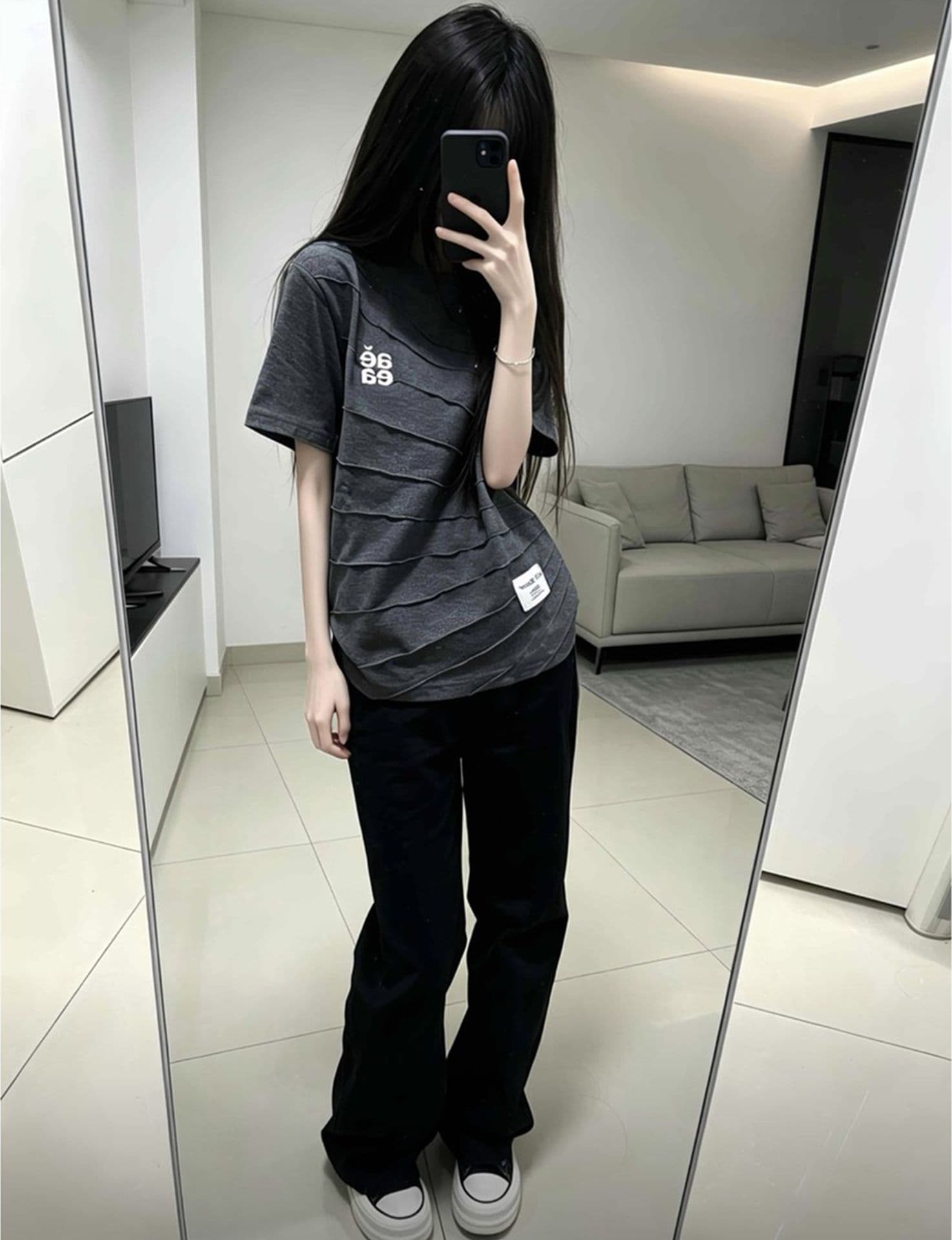새로운 접은 자국 자수 네리 가게 천 반팔 티셔츠 여성 상세 이미지 8