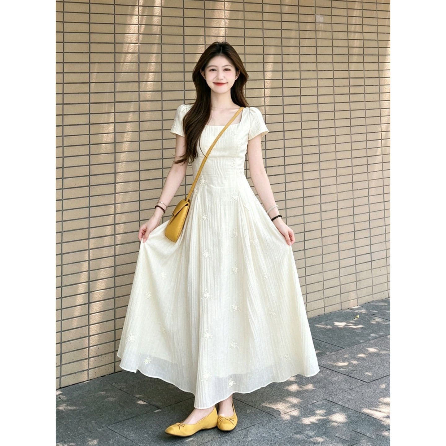 새로운 마이크로 ~을 통해 질감 광장 칼라 3 차원 꽃무늬 뒤로 나비 매듭 낭만주의 데이트 롱 스커트