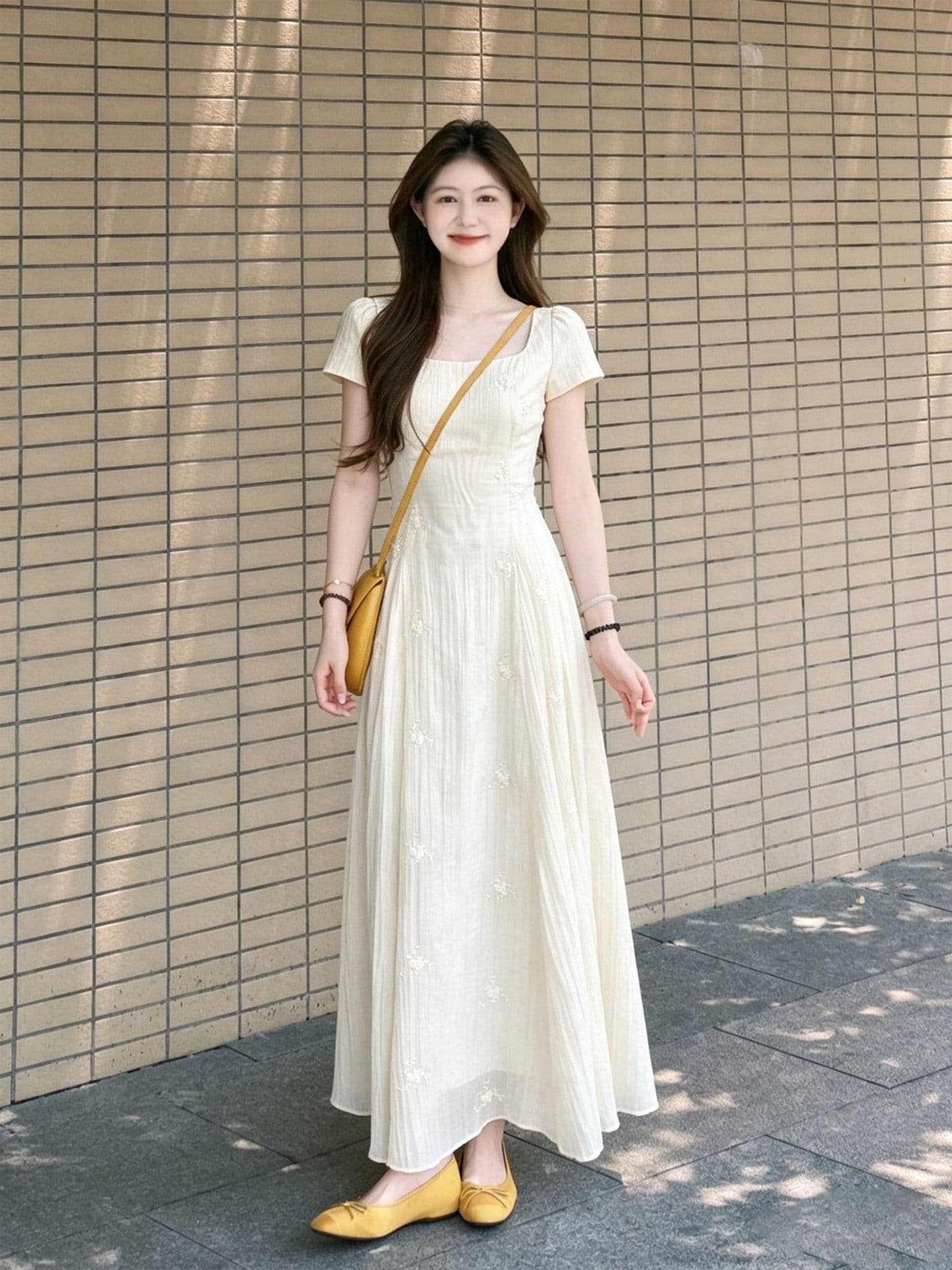 새로운 마이크로 ~을 통해 질감 광장 칼라 3 차원 꽃무늬 뒤로 나비 매듭 낭만주의 데이트 롱 스커트 상세 이미지 2