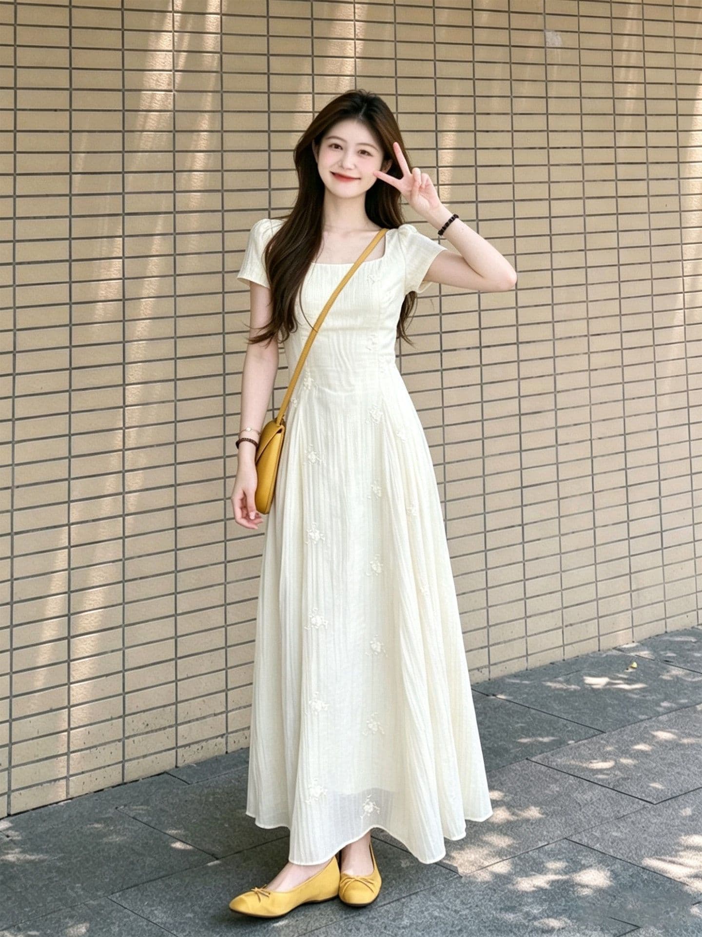 새로운 마이크로 ~을 통해 질감 광장 칼라 3 차원 꽃무늬 뒤로 나비 매듭 낭만주의 데이트 롱 스커트 상세 이미지 5