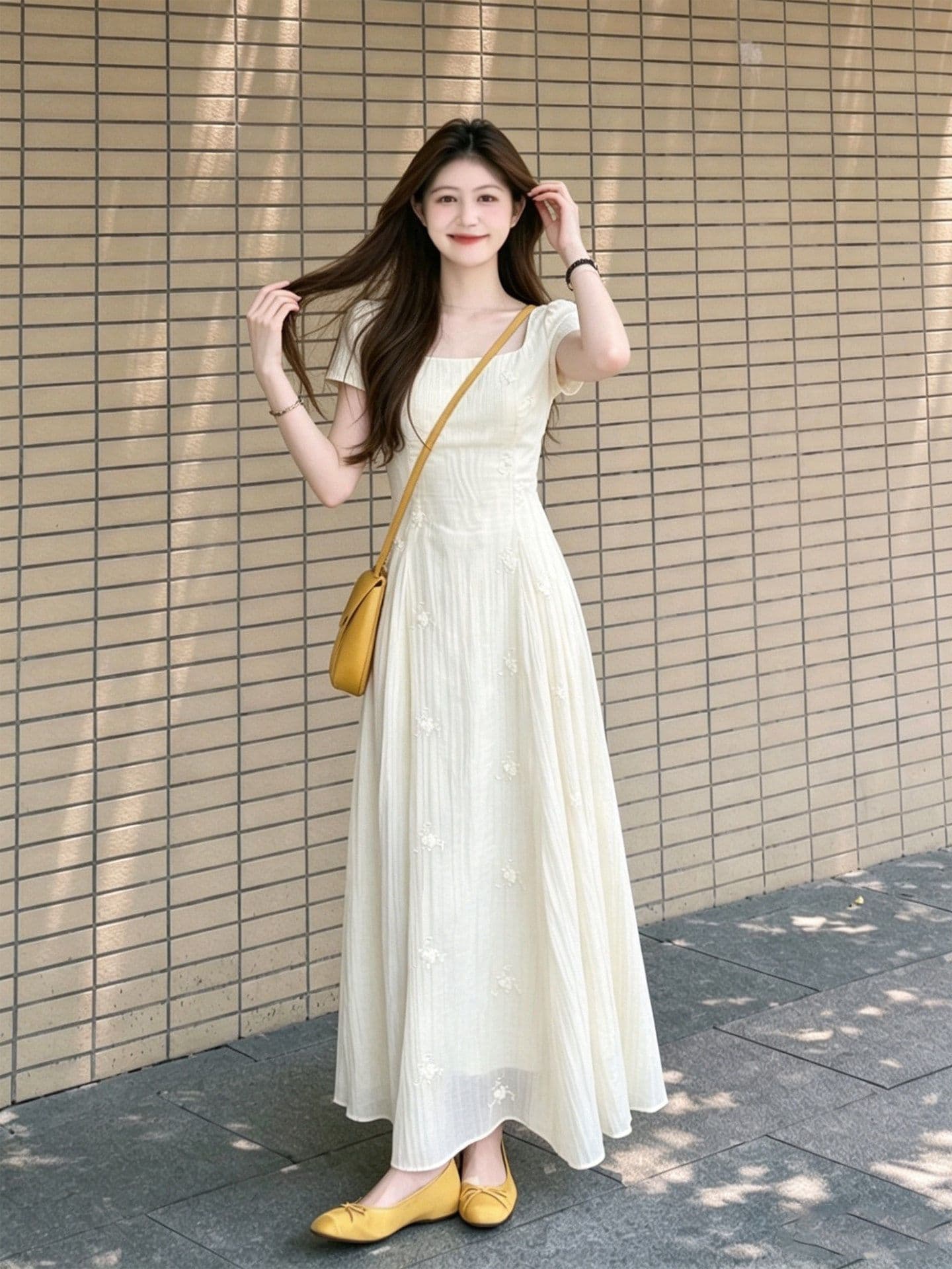 새로운 마이크로 ~을 통해 질감 광장 칼라 3 차원 꽃무늬 뒤로 나비 매듭 낭만주의 데이트 롱 스커트 상세 이미지 6