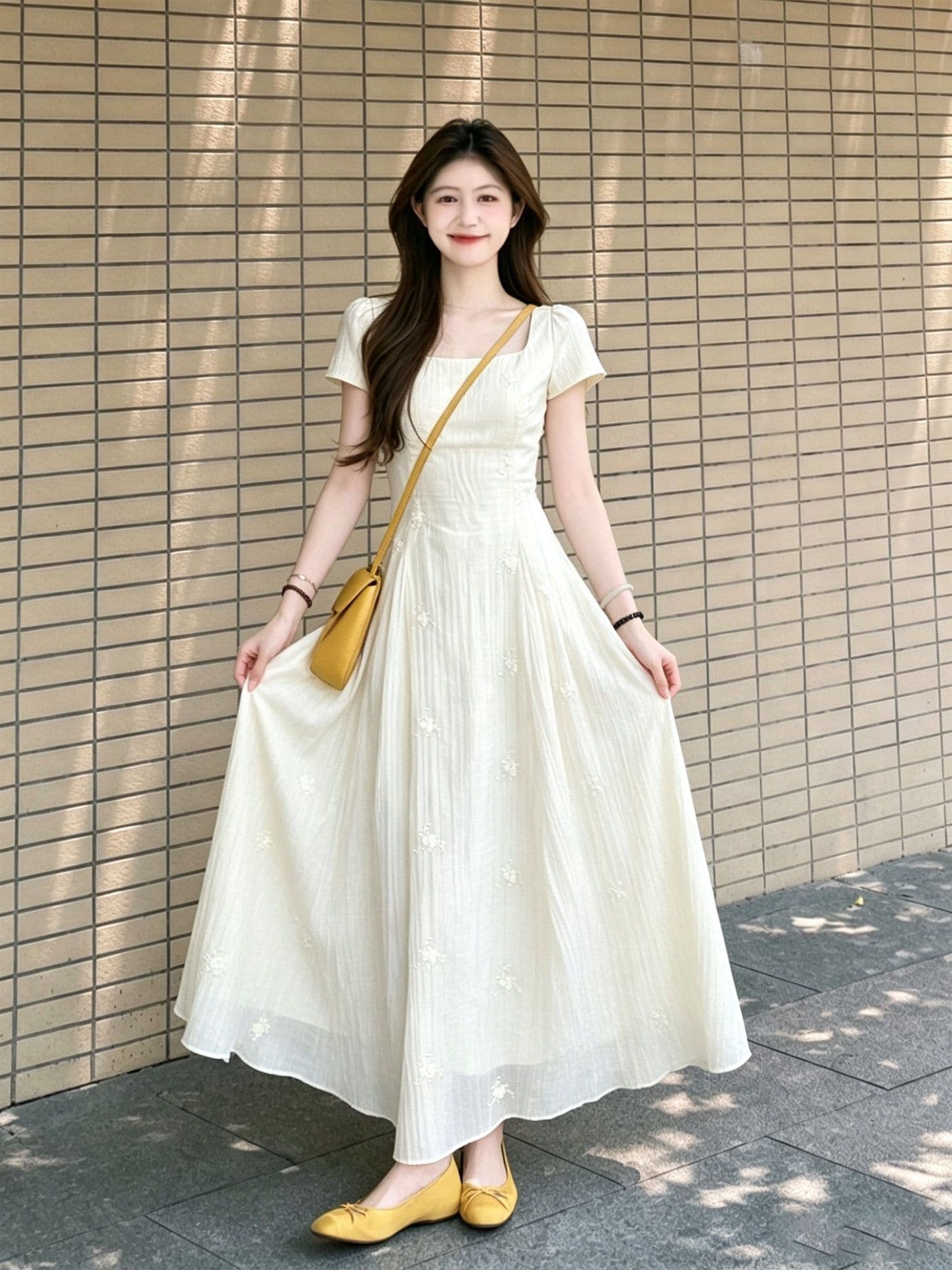 새로운 마이크로 ~을 통해 질감 광장 칼라 3 차원 꽃무늬 뒤로 나비 매듭 낭만주의 데이트 롱 스커트 상세 이미지 8