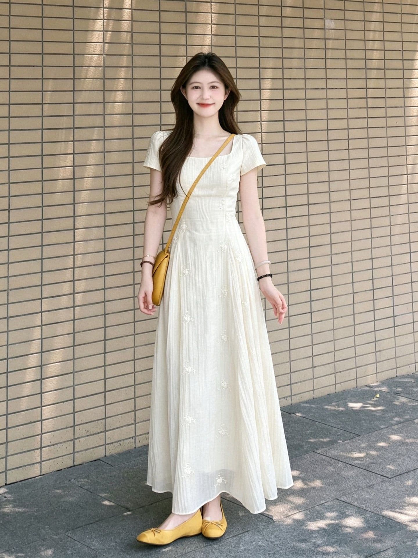 새로운 마이크로 ~을 통해 질감 광장 칼라 3 차원 꽃무늬 뒤로 나비 매듭 낭만주의 데이트 롱 스커트 상세 이미지 9