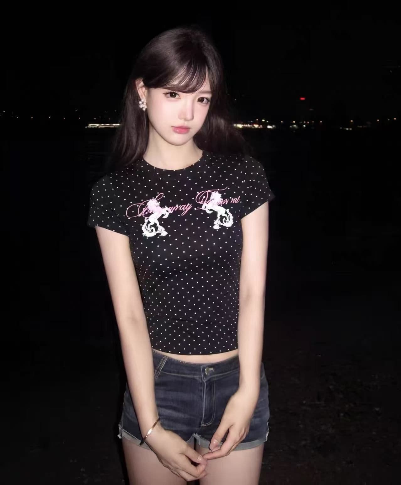 새로운 출처 생방송 품질 신축성 몸매 가꾸기 전체 인쇄 도트 무늬 알파벳 프린트 상세 이미지 3