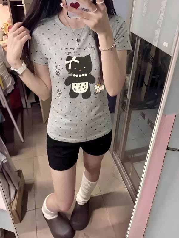 새로운 출처 생방송 품질 신축성 몸매 가꾸기 전체 인쇄 도트 무늬 고양이 프린트 상세 이미지 2
