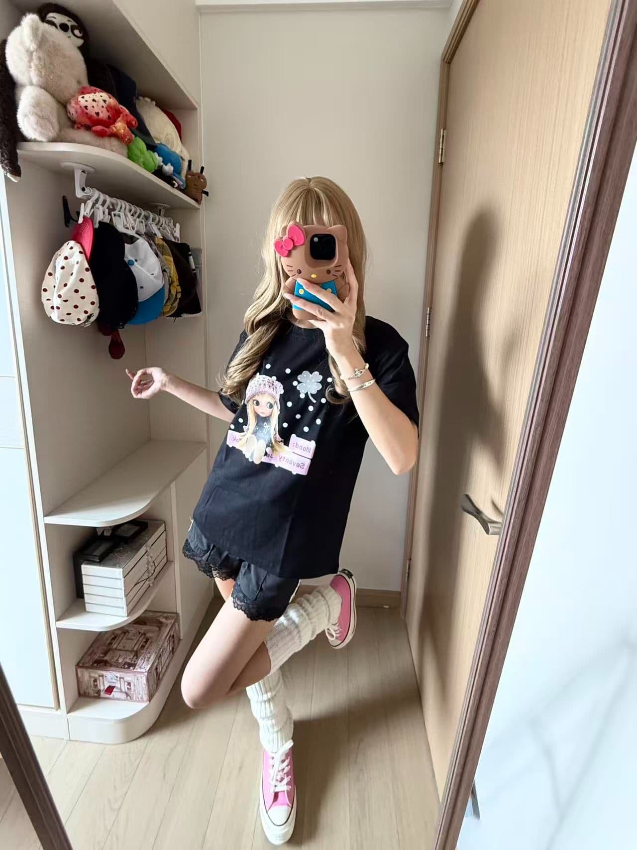 새로운 출처 생방송 품질 이후 패키지 칼라 티셔츠 만화 소녀 프린트 이미지 2