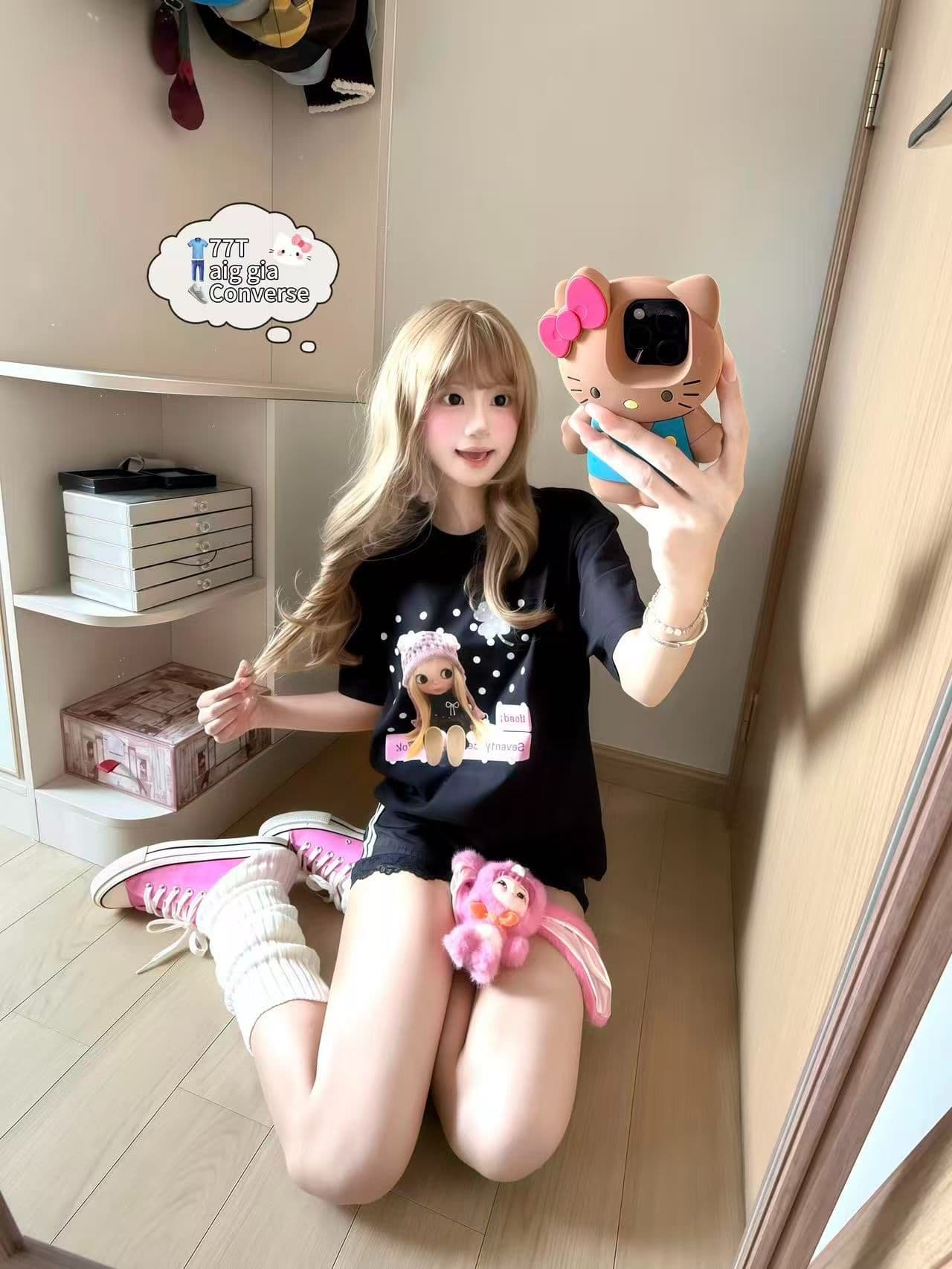새로운 출처 생방송 품질 이후 패키지 칼라 티셔츠 만화 소녀 프린트 상세 이미지 2