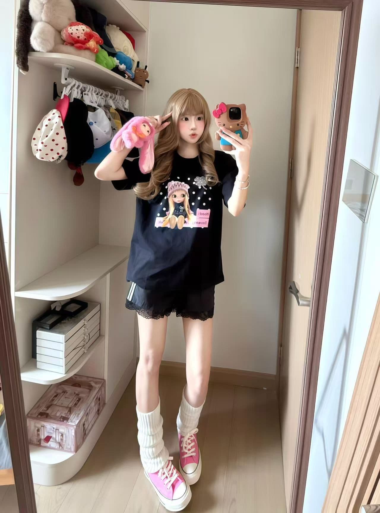 새로운 출처 생방송 품질 이후 패키지 칼라 티셔츠 만화 소녀 프린트 상세 이미지 3