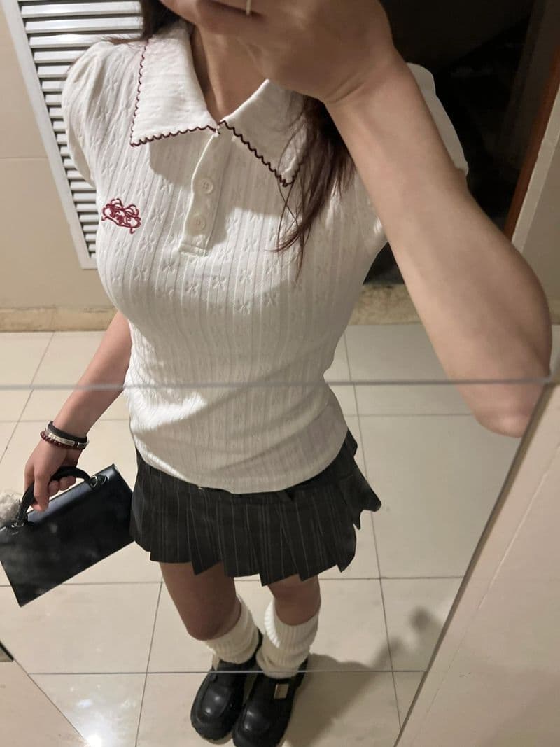 새로운 원본 원단 자수 배색 POLO 칼라 반팔 티셔츠 여성 몸매 가꾸기 맨위