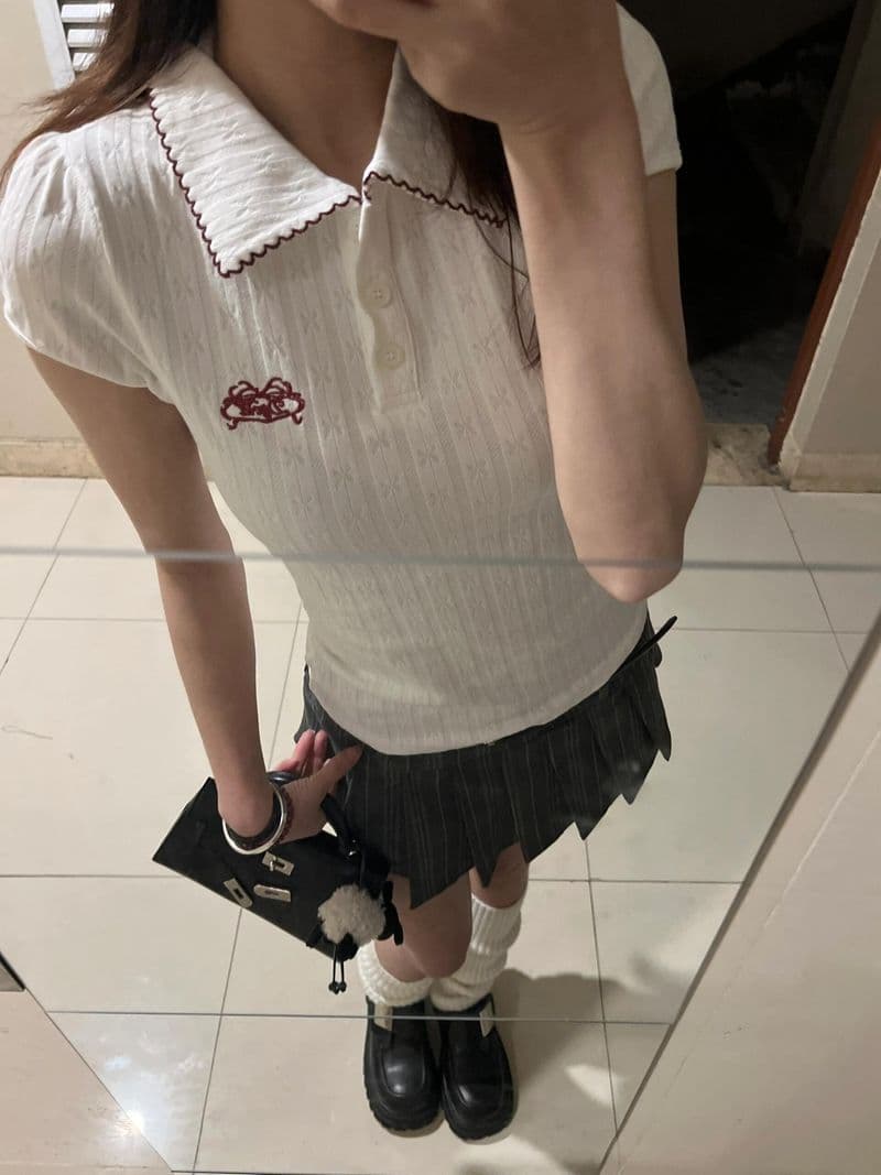 새로운 원본 원단 자수 배색 POLO 칼라 반팔 티셔츠 여성 몸매 가꾸기 맨위 이미지 2