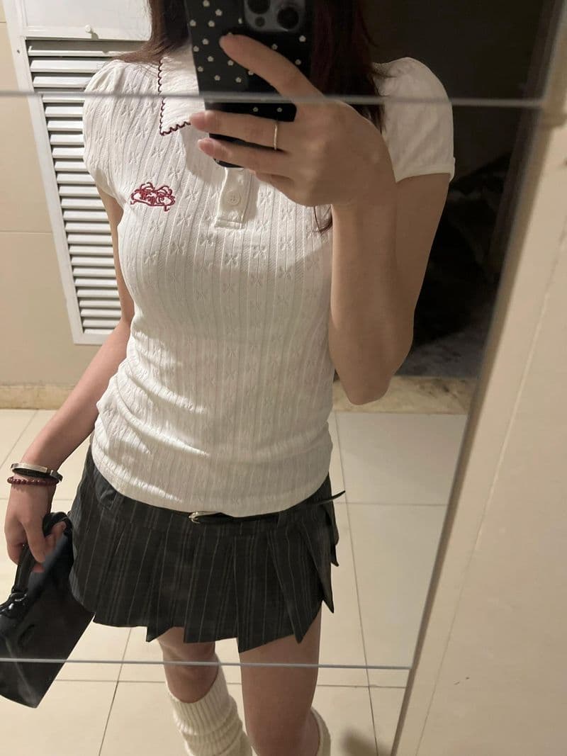 새로운 원본 원단 자수 배색 POLO 칼라 반팔 티셔츠 여성 몸매 가꾸기 맨위 이미지 3