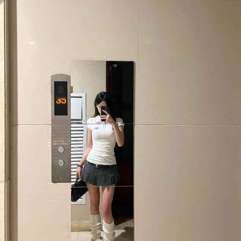 새로운 원본 원단 자수 배색 POLO 칼라 반팔 티셔츠 여성 몸매 가꾸기 맨위 이미지 5