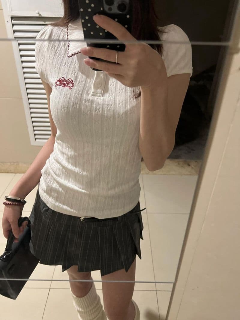 새로운 원본 원단 자수 배색 POLO 칼라 반팔 티셔츠 여성 몸매 가꾸기 맨위 상세 이미지 3