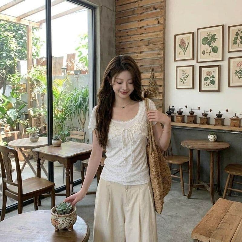 새로운 꽃무늬 페이크 레이어드 반팔 여성 레이스 레이스 레이스업 몸매 가꾸기 맨위 이미지 4