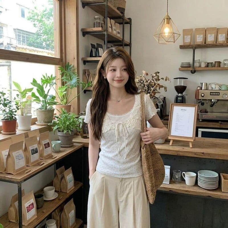 새로운 꽃무늬 페이크 레이어드 반팔 여성 레이스 레이스 레이스업 몸매 가꾸기 맨위 상세 이미지 3