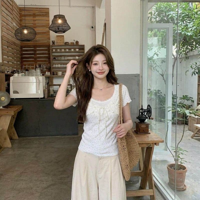 새로운 꽃무늬 페이크 레이어드 반팔 여성 레이스 레이스 레이스업 몸매 가꾸기 맨위 상세 이미지 5