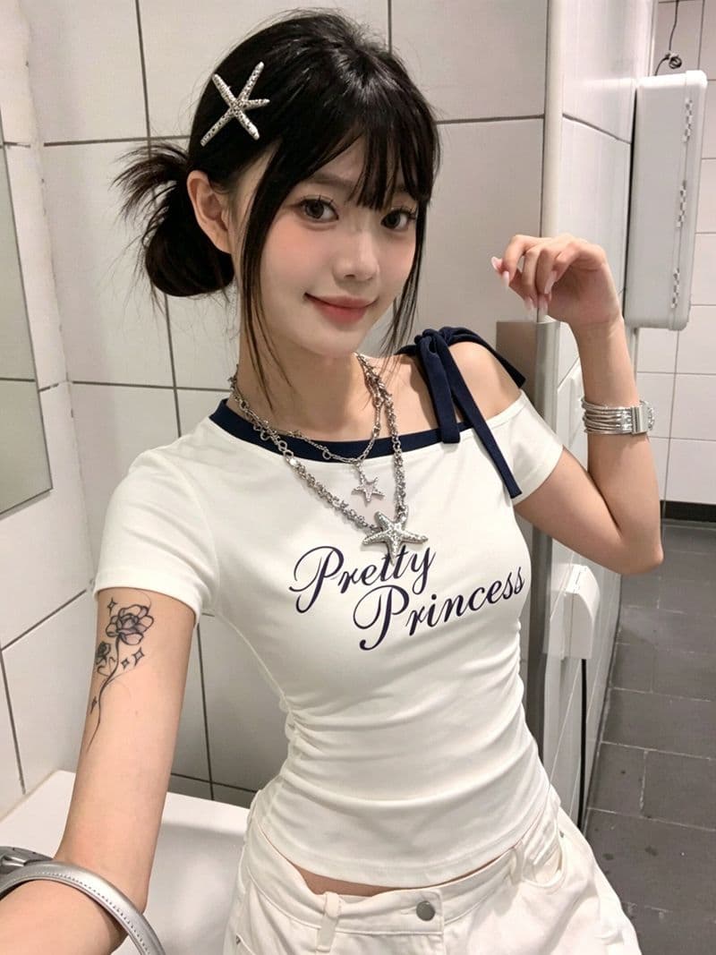 새로운 비스듬한 어깨 오프숄더 스트랩 알파벳 프린트 반팔 티셔츠 여성 몸매 가꾸기 맨위 상세 이미지 3