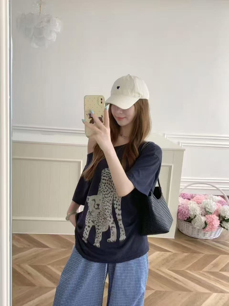 새로운 생방송 품질 비스듬한 어깨 오프숄더 티셔츠 표범 프린트 맨위 이미지 3