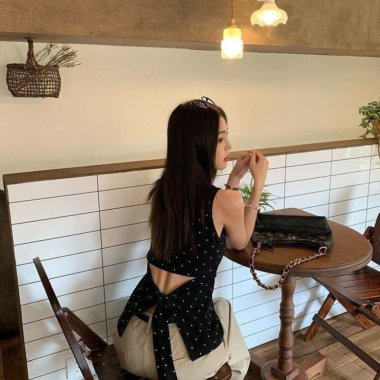새로운 도트 무늬 프린트 조끼 여성 몸매 가꾸기 뒤로 스트랩 민소매 맨위 상세 이미지 2