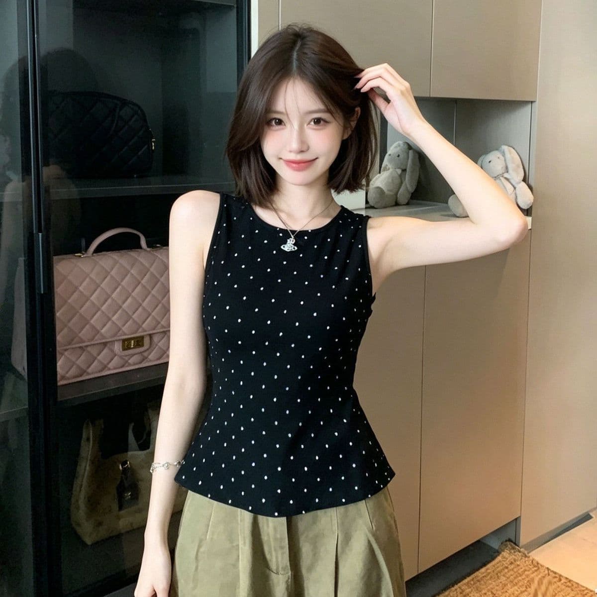 새로운 도트 무늬 프린트 조끼 여성 몸매 가꾸기 뒤로 스트랩 민소매 맨위 상세 이미지 8