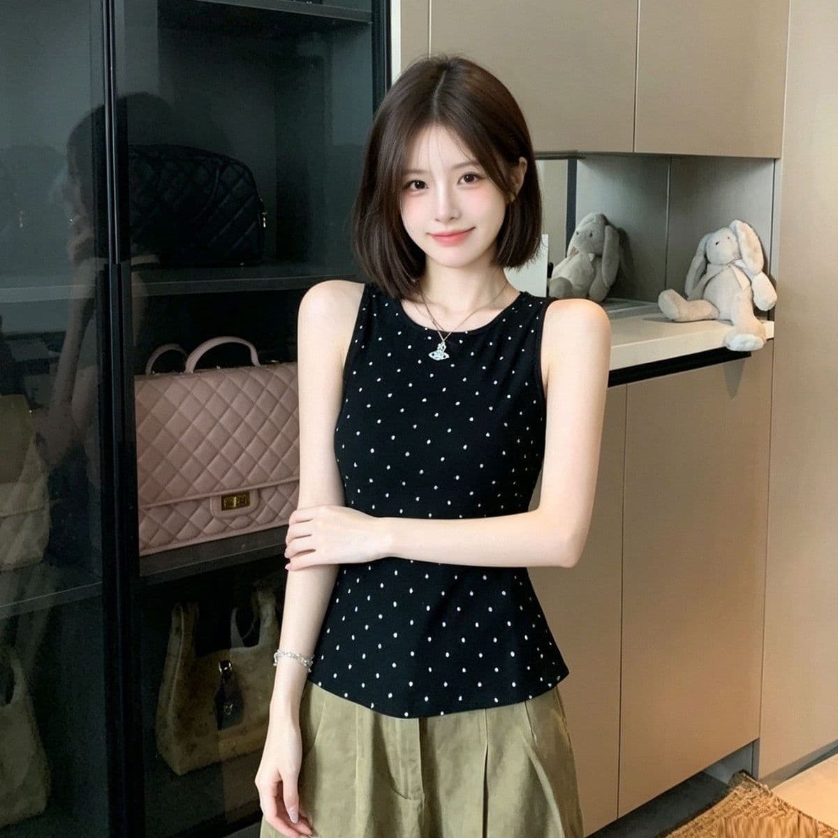 새로운 도트 무늬 프린트 조끼 여성 몸매 가꾸기 뒤로 스트랩 민소매 맨위 상세 이미지 9