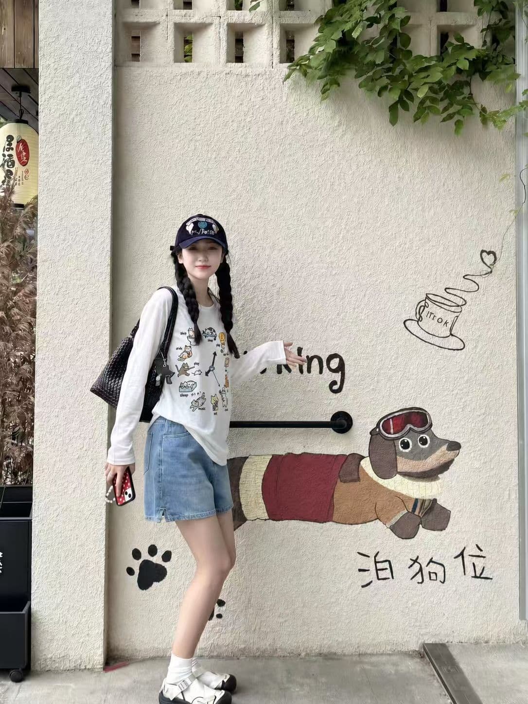 새로운 출처 생방송 품질 긴팔 태양 보호 셔츠 기본 셔츠 고양이 프린트 상세 이미지 2