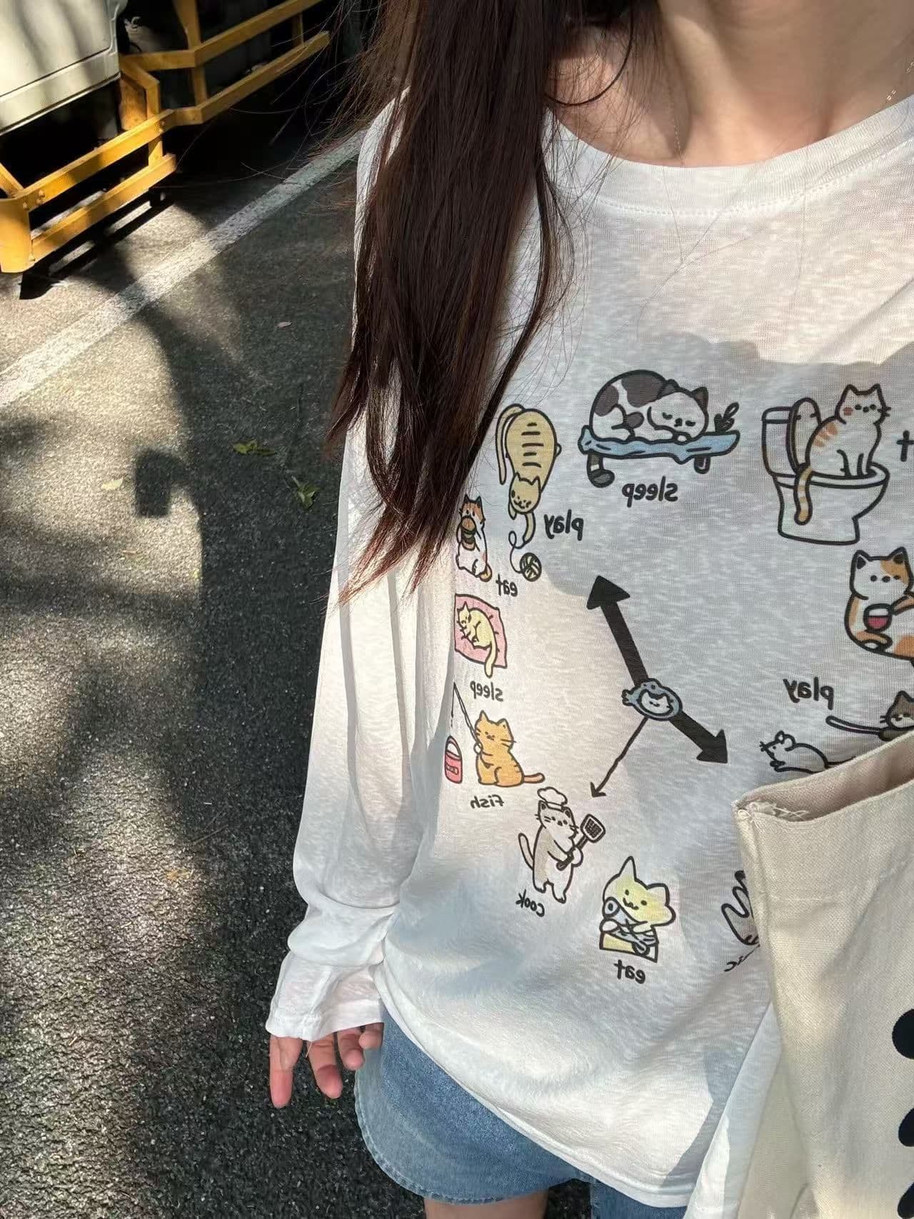 새로운 출처 생방송 품질 긴팔 태양 보호 셔츠 기본 셔츠 고양이 프린트 상세 이미지 4