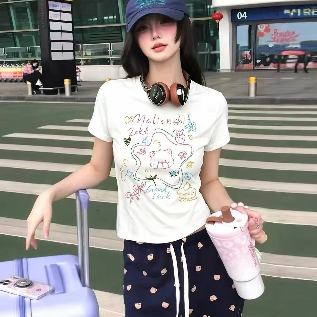 새로운 출처 생방송 품질 이후 패키지 칼라 높은 탄력성 몸매 가꾸기 작은 곰 프린트 이미지 5