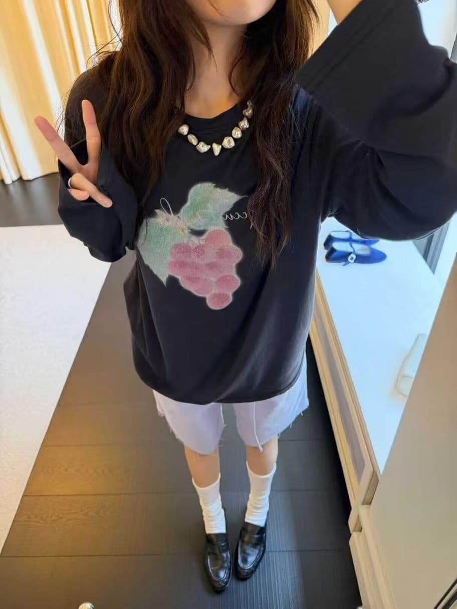 새로운 봄 가을 새로운 이후 패키지 칼라 긴팔 라운드 넥 티셔츠 포도 프린트 맨위 이미지 4
