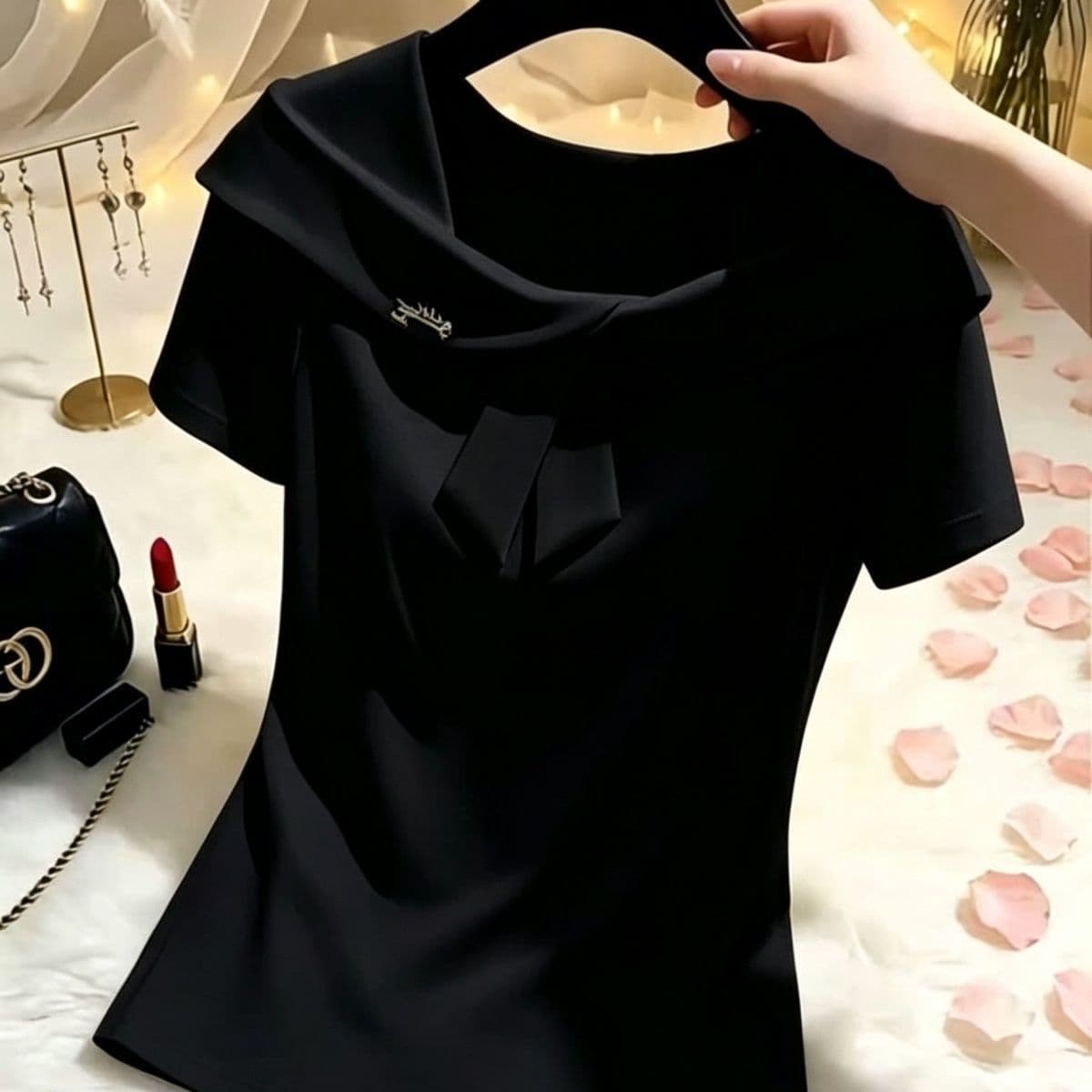 새로운 원본 페이크 레이어드 패치워크 솜씨 포밍 프린트 여름 몸매 가꾸기 캐주얼 쇼트 스타일 반팔 티셔츠 여성 상세 이미지 7