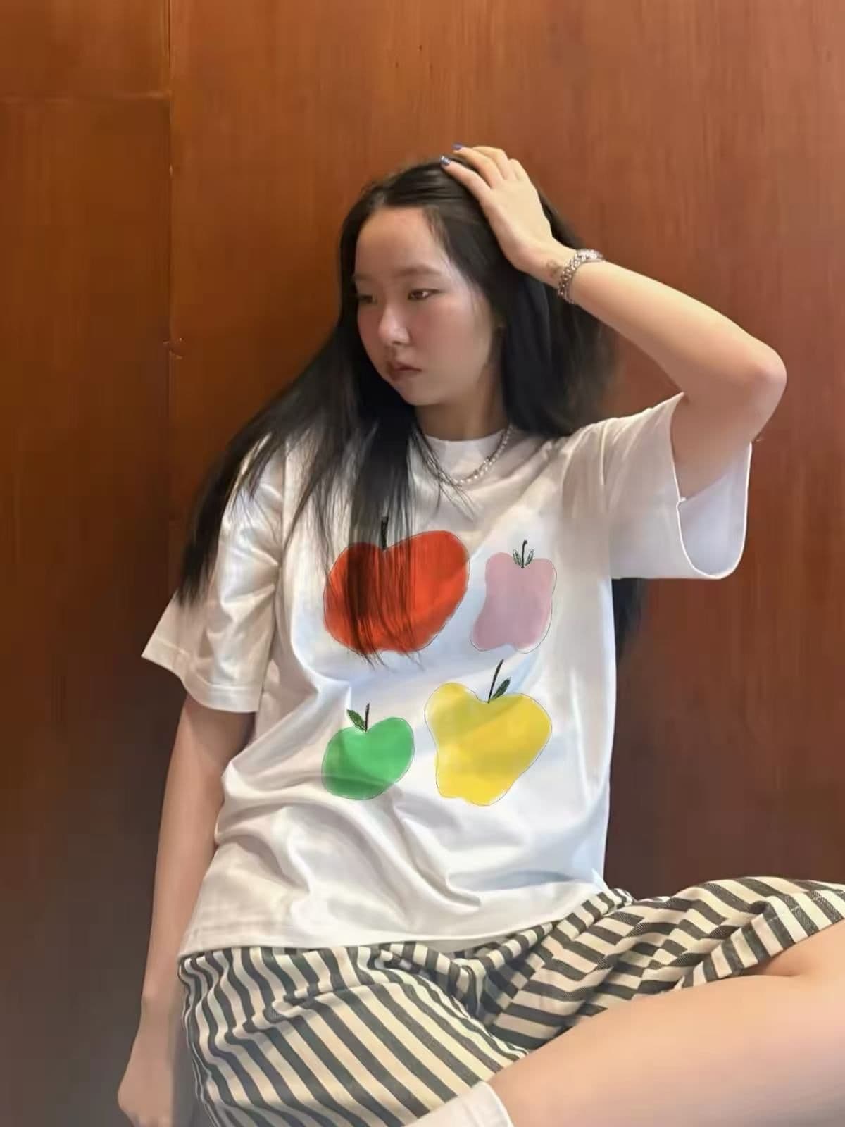 새로운 생방송 품질 이후 패키지 칼라 반팔 티셔츠 낙서 과일 프린트 이미지 3