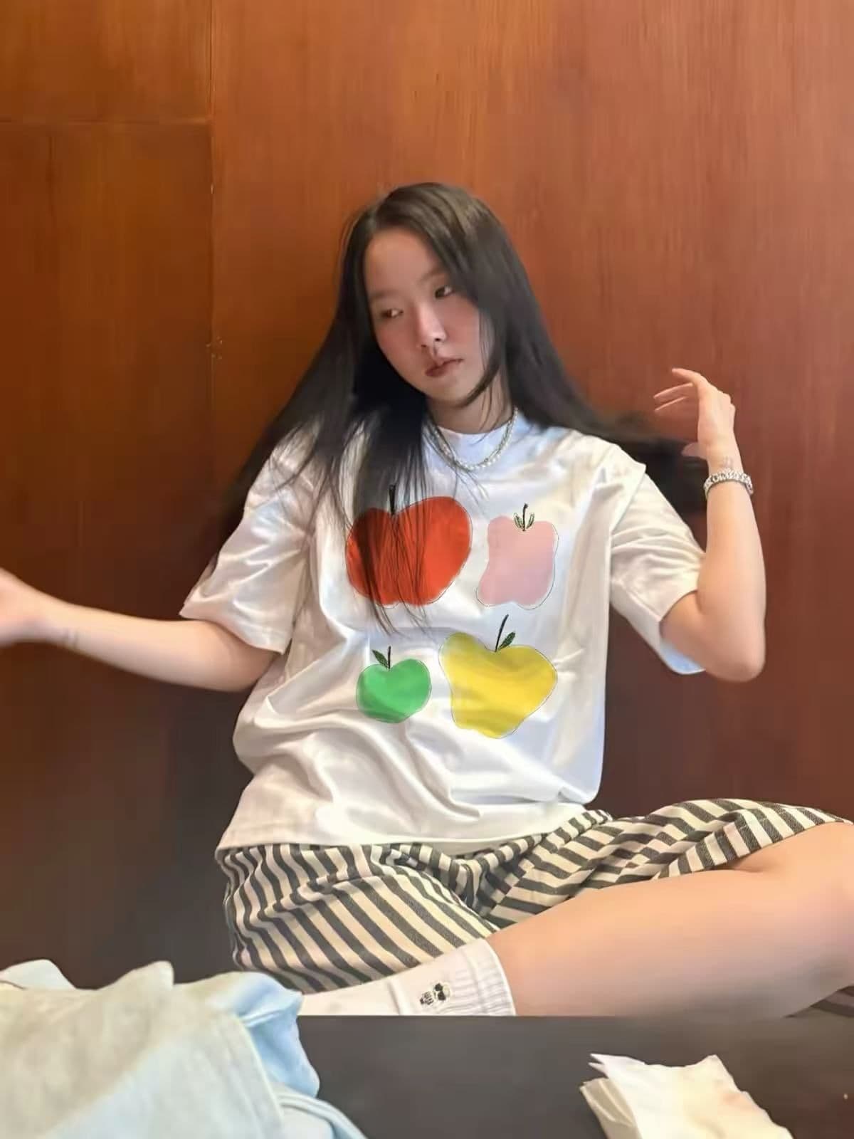 새로운 생방송 품질 이후 패키지 칼라 반팔 티셔츠 낙서 과일 프린트 상세 이미지 2