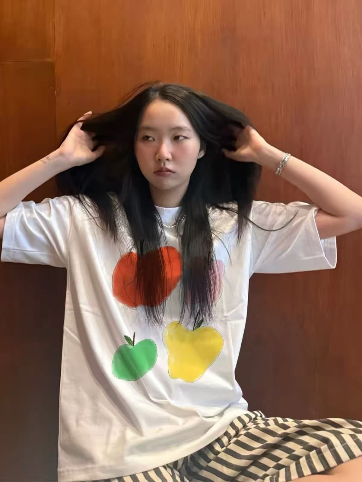 새로운 생방송 품질 이후 패키지 칼라 반팔 티셔츠 낙서 과일 프린트 상세 이미지 4