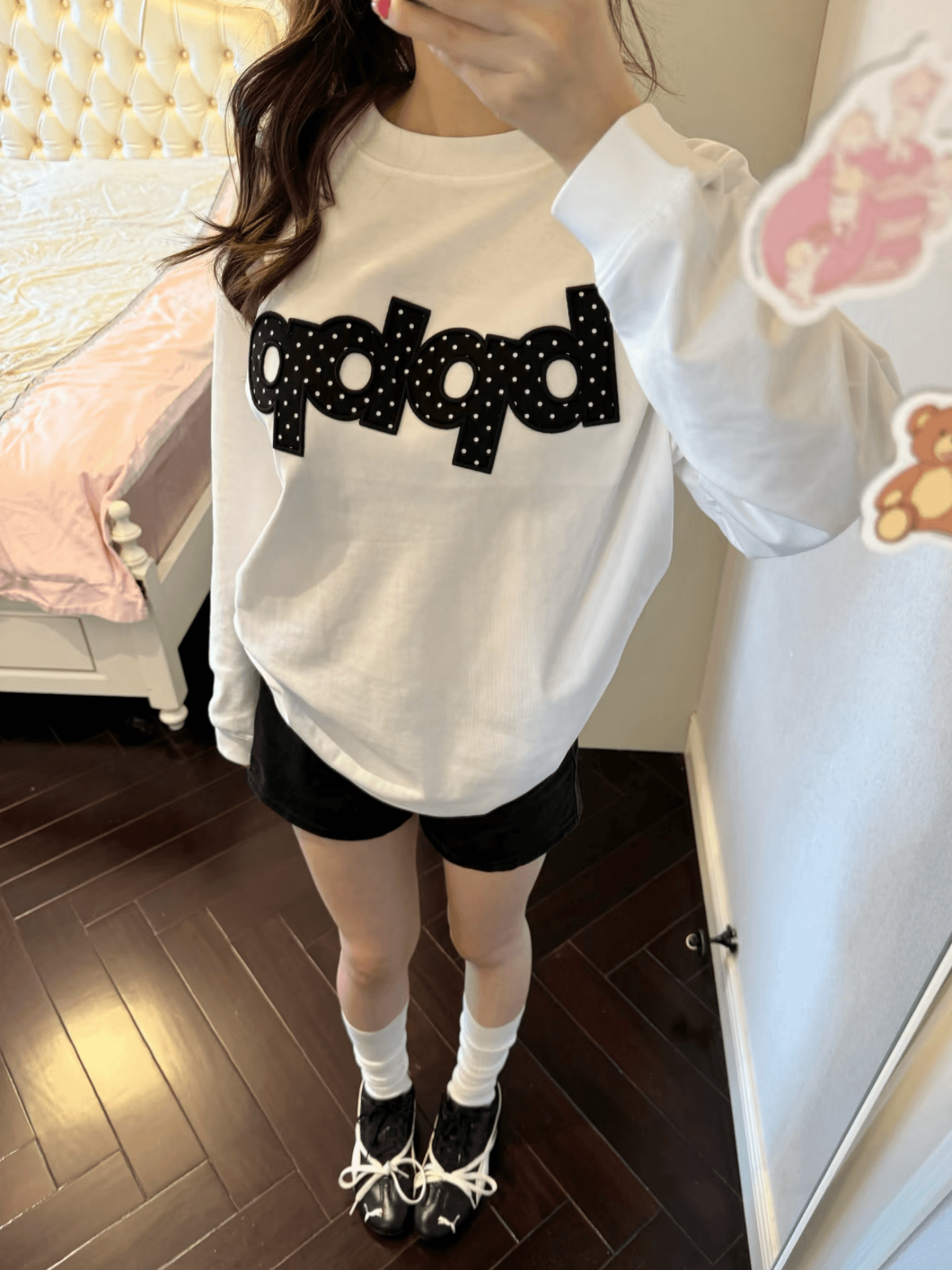 봄 가을 새로운 이후 패키지 칼라 긴팔 라운드 넥 티셔츠 도트 무늬 알파벳 프린트