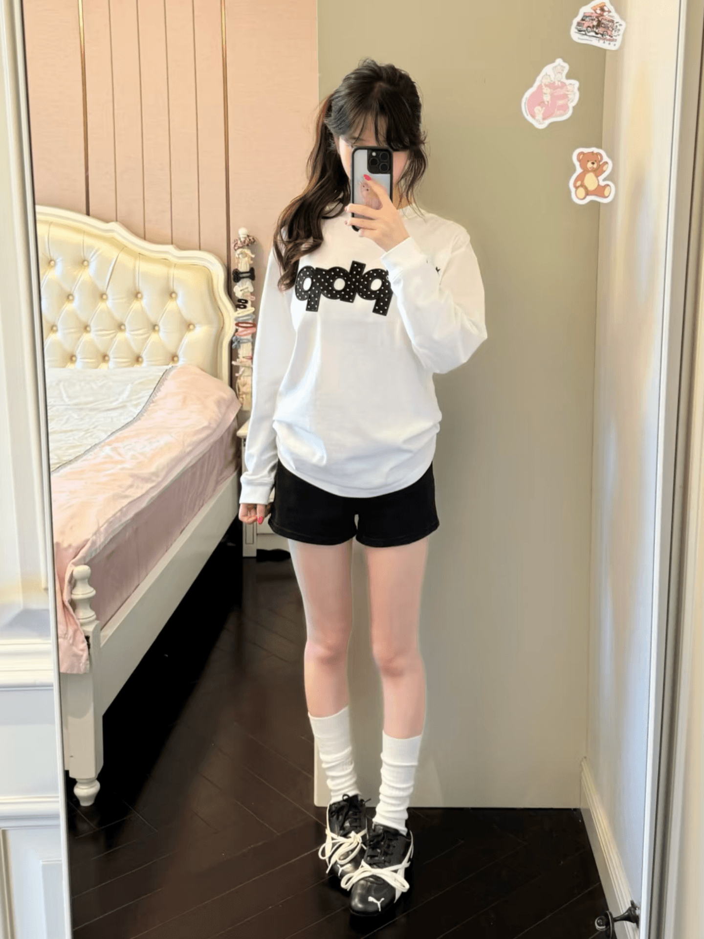 봄 가을 새로운 이후 패키지 칼라 긴팔 라운드 넥 티셔츠 도트 무늬 알파벳 프린트 상세 이미지 3
